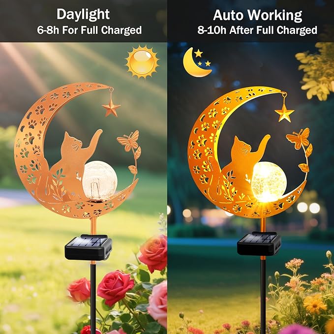 YJFWAL Garden Solar Cat Lights Pathway Stake Lights Glass Globe with Moon Cat Decor, Christmas Gift for Mom Grandma Friends, Outdoor Decor Light Waterproof for Walkway, Patio or Garden (Warm White)