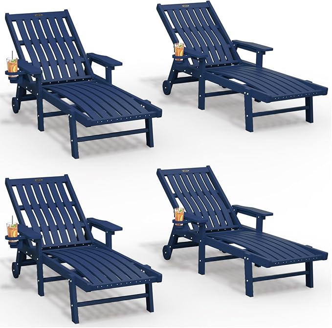 Patio Chaise Lounge Chair Set of 4, Oversized Lounge Chair Outdoor with 5 Positions, HDPE, Patio Lounge Chair with Wheels & Cup Holder for Pool, Deck, Poolside,Navy Blue