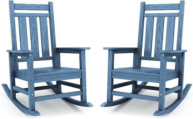 KINGYES Oversized Outdoor Rocking Chair Set of 2, All-Weather Patio Rocking Chairs for Porch, HDPE Outdoor Patio Rockers with High Back & Wide Seat for Garden, Lawn, Blue