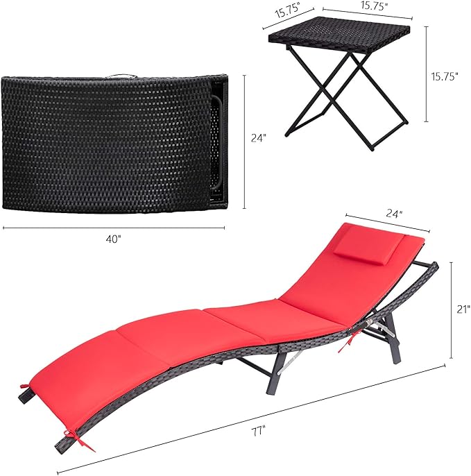Devoko Patio Chaise Lounge Sets Outdoor Rattan Adjustable Back 3 Pieces Cushioned Patio Folding Chaise Lounge with Folding Table (Red)