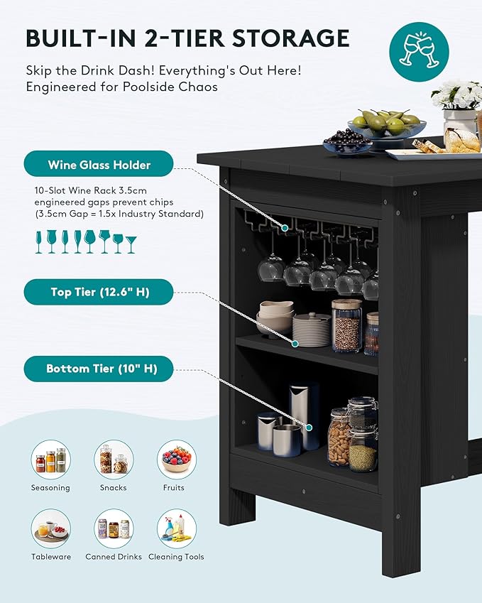 SERWALL Outdoor Bar Table and Chairs Set, 5-Piece HDPE Counter Height Patio Dining Sets with Storage and Wine Rack, Rectangular High Top Bar Table with 4 Bar Stools for Garden, Backyard, Black