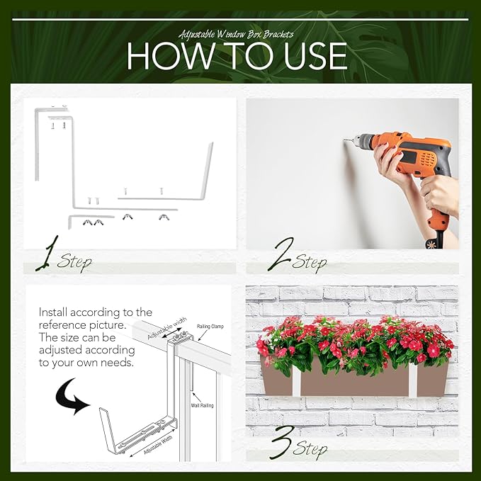 Layhit 10 Pcs Adjustable Planter Box Brackets Universal Heavy Duty Flower Box Brackets Window Iron Railing Planter Holder for Balcony Fence Pergola Patio Garden Windowsill, 6-12.5 Inch(White)