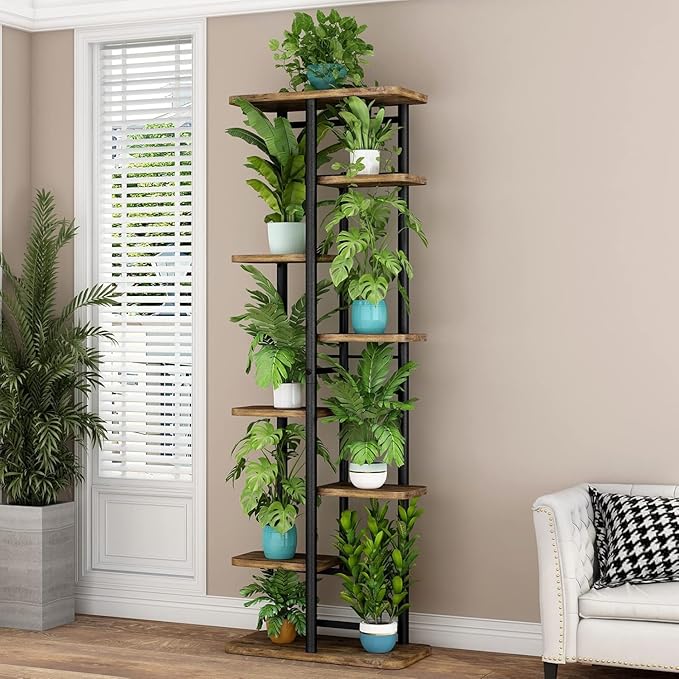 LINZINAR Plant Stand 8 Tier 9 Potted Multiple Flower Pot Holder Shelf Indoor Outdoor Planter Rack Storage Organizer for Patio Garden Corner Balcony Living Room (Black, 8 Tier)