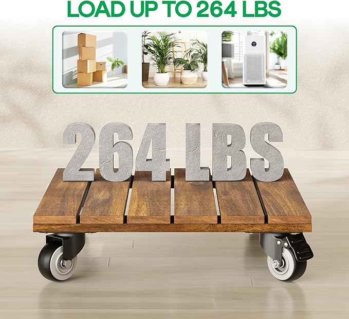 Idzo 2-Pack 12 Inch Acacia Wood Rolling Square Plant Caddy for Plant Pots, Heavy Duty Plant Stand with 360° Lockable Wheels, 264 lbs Capacity Caddy for Indoor and Outdoor Use, Natural Wood