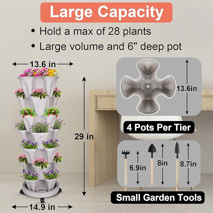 GameXcel Vertical Planter 7 Tier Stackable Planters Garden Planters Strawberry Herb Flower and Vegetable Planter Indoor Outdoor Gardening Pots with Removable Wheels and Tools - Gray