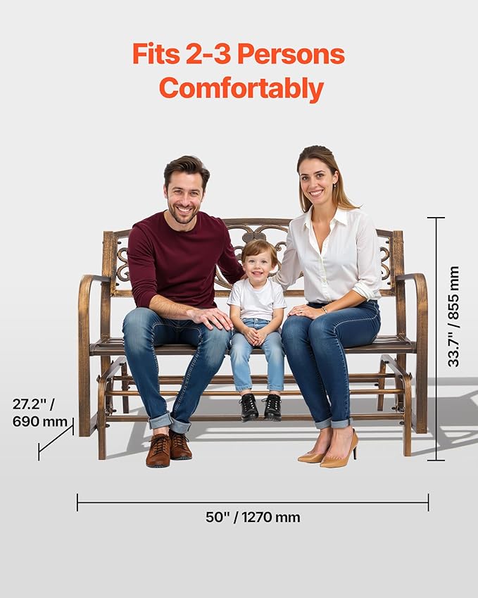 VEVOR Outdoor Bench, 50 inch, Carbon Steel Metal Frame with Cast Iron Backrest and Round Edge Armrests, Weatherproof Outside Glider Bench for Patio, Garden, Park, Yard, Front Porch, Antique Bronze