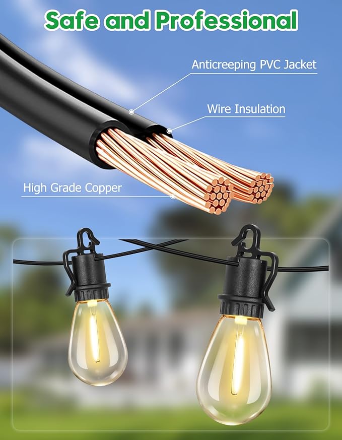 200FT Outdoor String Lights with 104 Shatterproof S14 Vintage Edison Bulbs E12 Sockets,2700K Dimmable Outdoor Lights,IP55 Waterproof LED String Lights for Outside, Patio, Garden, Backyard,Bistro
