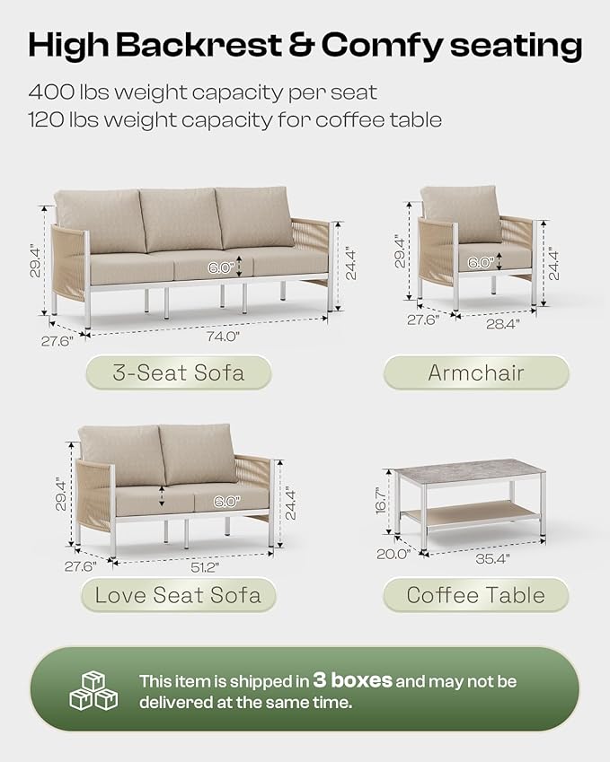 Aluminum Outdoor Patio Furniture Set with Dual-Layer Coffee Table, 4 Piece Modern Patio Conversation Sets with PE Rope, Outdoor Sectional Sofa with Thick Cushions for Balcony, Deck, Beige