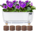 Self Watering Planter with Coco Coir Pellets, 11.8 Inch Plastic Rectangular Windowsill Plant Pot with Drainage Holes, High Clear Modern Decorative Flower Pot for Indoor Plants, African Violets