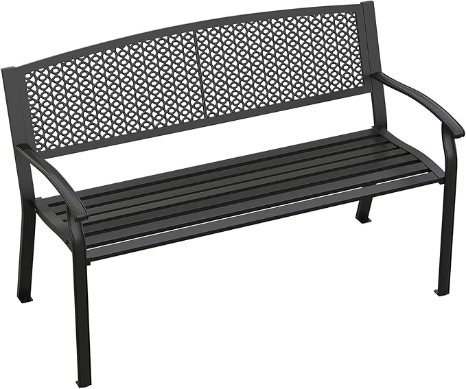 50.4" Garden Bench, Metal Outdoor Bench with Backrest and Curved Armrests for Patio Porch Lawn, Black