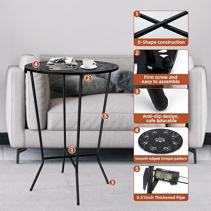 25" Height Side Table, 18inch Round Metal Outdoor Patio Bistro Table, Weather Resistant Accent Side Table Drink Table for Backyard, Livingroom, Yard Balcony