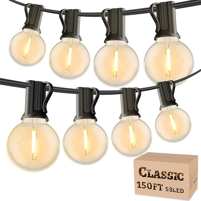 RTTY Classic Series 150FT Outdoor String Lights Pro Set with 58 G40 Bulbs - The Starter System for House Outline Lighting, Full Pergola or Pool Coverage, and Restaurant to Hotel Terrace Ambiance