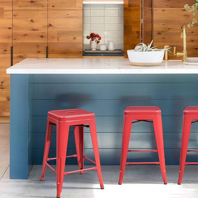 Devoko Metal Bar Stools 24" Indoor Outdoor Stackable Barstools Modern Style Industrial Vintage Counter Bar Stools Set of 4 (24 inch, Red)