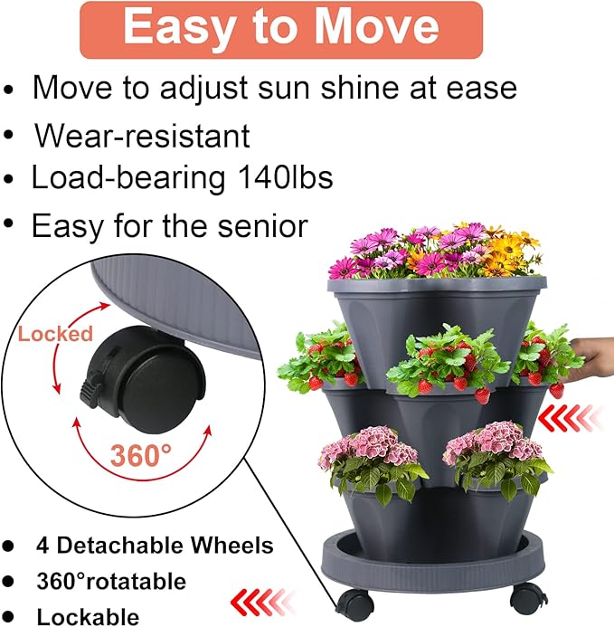 DUNCHATY Stackable Planter, Vertical Garden Planter with Wheels and Tools, Self Watering Strawberry Planter Indoor/Outdoor 3 Tier Herb Planter Pots for Growing Vegetables and Succulents, Dark Gray