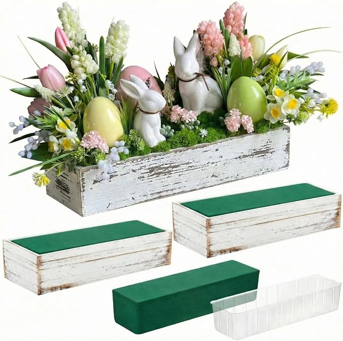 Dandat 3 Set Wood Boxes for Centerpieces 12x4 Inch Rectangle Wooden Planter Box Rustic Wooden Planters with Removable Plastic Liner Floral Foam Blocks for Christmas Wedding Home Garden Decor(White)