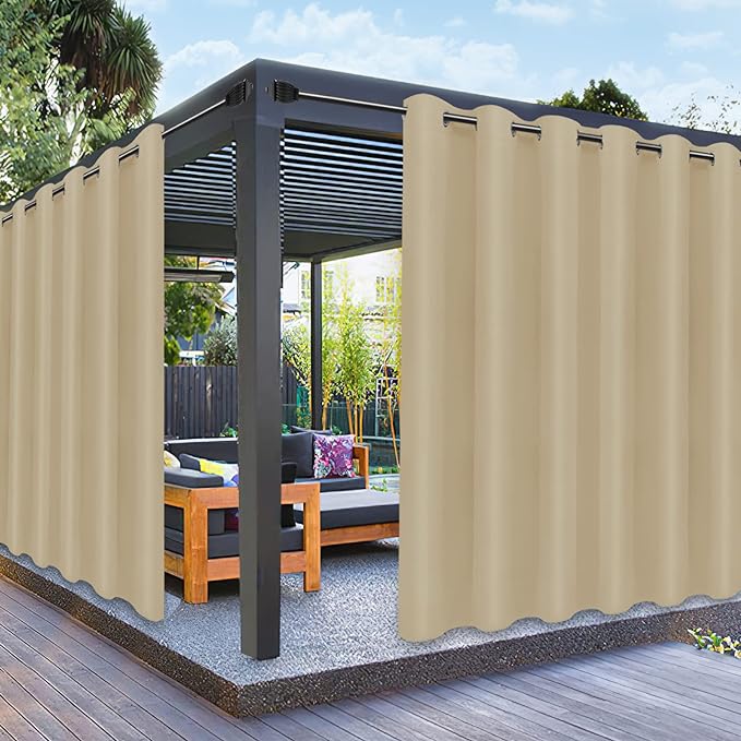 PureFit Outdoor Curtains for Patio Waterproof Weatherproof, UV and Fade Resistant Outside Curtains for Gazebo, Front Porch, Pergola, Sun Blocking Privacy Curtain, 100W x 95L inch, 1 Panel, Beige
