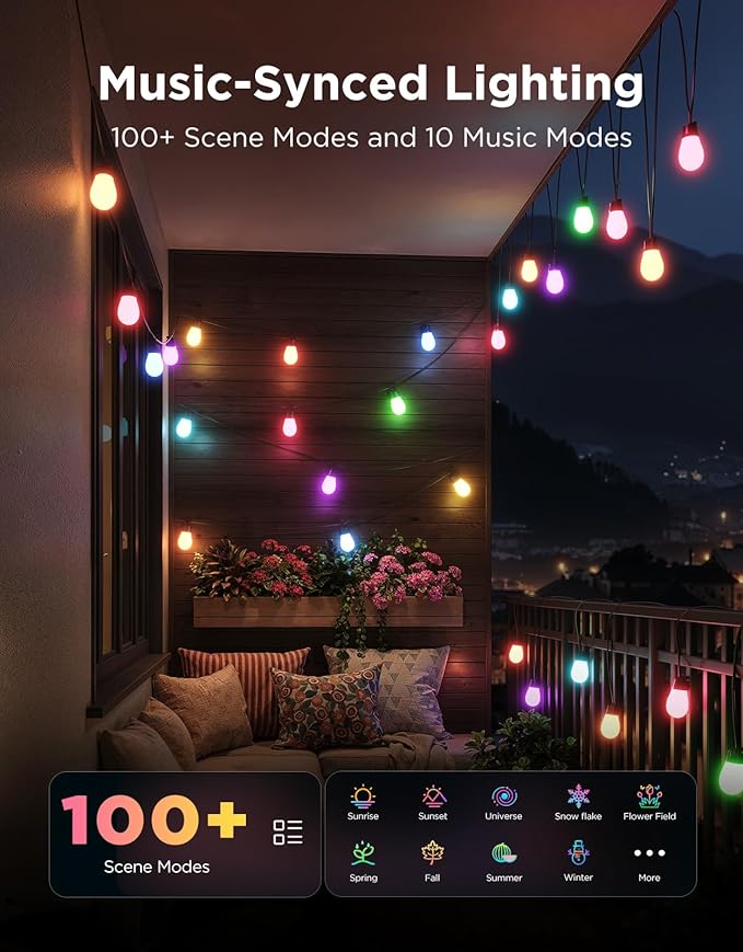 Govee S14 Bulb Outdoor String Lights 2, 96ft Smart RGBIC Warm White Patio Lights with 15 LED Bulbs, 111 Scene Modes for Outdoor Decor, Upgraded IP66 Compatible with Alexa, Google, Matter, APP Control