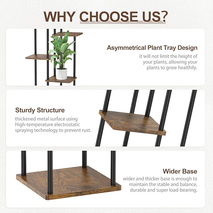 6 Tier Tall Plant Stand Indoor Outdoor, Large Wood Metal Planter Shelf Holder for Narrow Corner, Sturdy Vertical Multiple Flower Orchid Pot Decorative Rack for House Living Room Bedroom Office, Rustic Black
