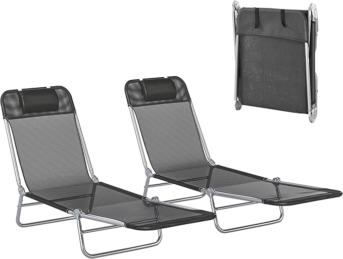 Outsunny 2 Piece Folding Chaise Lounge Chairs, Pool Sun Tanning Chairs with Reclining Back, Breathable Mesh Seat, Headrest for Beach, Yard, Patio, Black