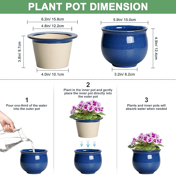 6 Inch Self Watering Pots, Ceramic African Violet Planter with Absorbent Inner Pot, Round Flower Pot for Indoor Plants, Ceramic Pots for Plants, Room Home Decor, Plant Lover Gifts, Blue