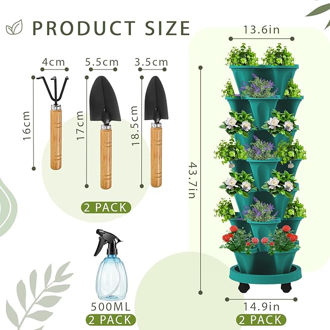 Umigy 2 Set of 7 Tier Vertical Planter Stackable Tower Planters Strawberry Herb Flower and Vegetable Pots Indoor Outdoor Gardening Pots with Removable Wheels and Tools(Green)