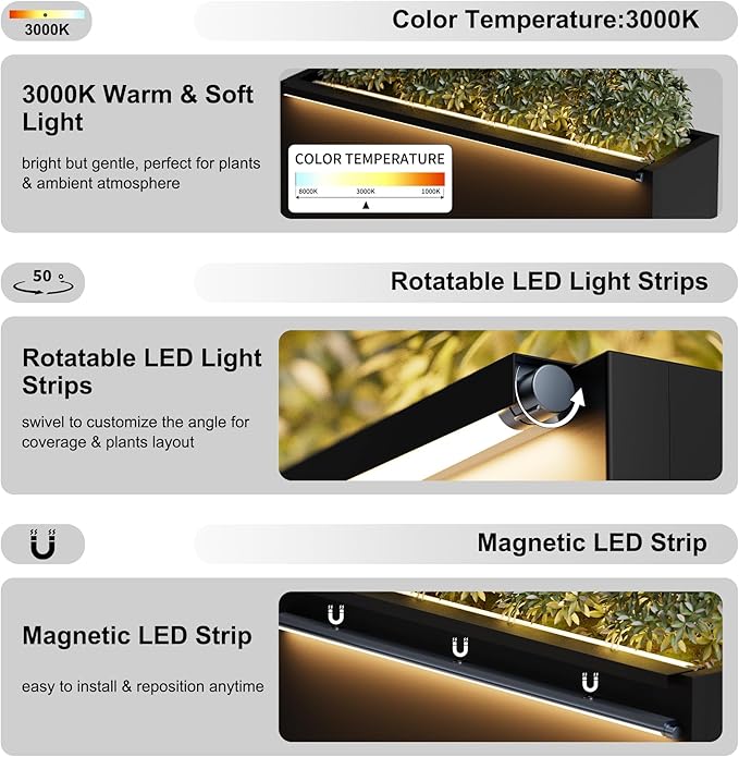 GSK 30" L Black LED Metal Planter Rectangle Flower Box Light Strips ×2 Galvanized Trough Indoor Rectangular Outdoor Patio Terrace Balcony Garden Plant with Drainage Holes & Insert