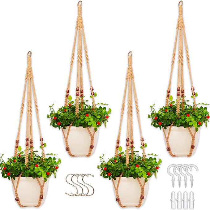 Macrame Plant Hanger Indoor Set,Hanging Planters for Indoor Plants Outdoor,Hanging Plant Holder Basket Pot with 8 Hooks,Boho Home Decor Crochet Beads Window Ceiling,No Tassels 4 Pack,Brown