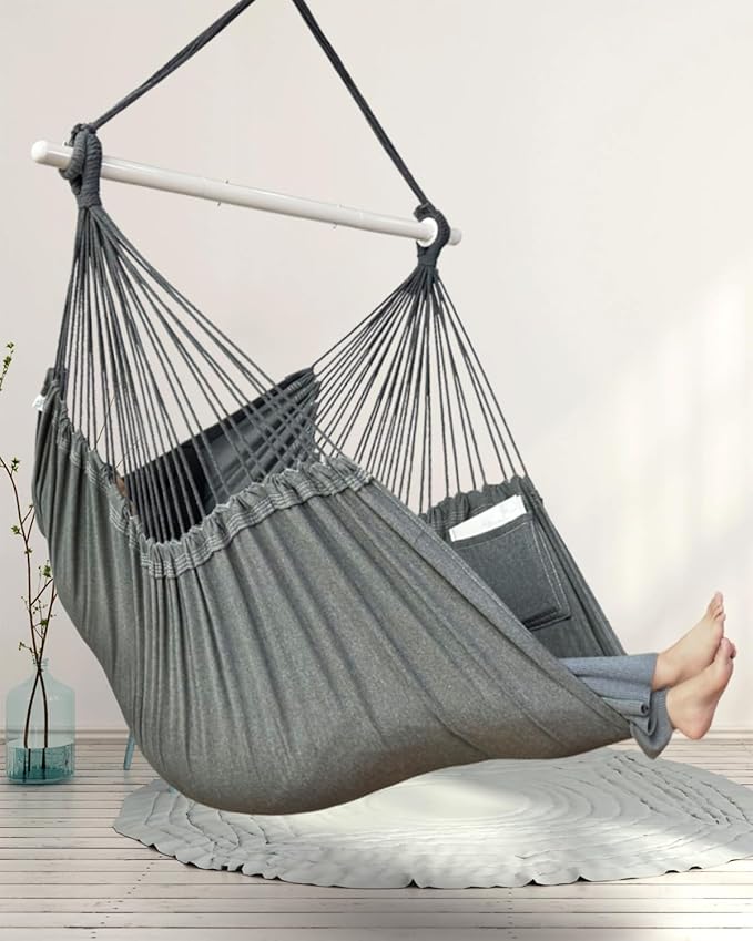 XXL Hammock Chair Hanging Rope Swing with 2 Cushions - Max 500lbs-Perfect for Patio, Porch, Bedroom, Backyard, Indoor or Outdoor - Includes Hanging Hardware Kits
