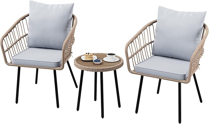 DWVO 3 Piece Patio Bistro Set, Patio Furniture Set Outdoor Wicker Bistro Rattan Chair Conversation Sets with Coffee Table for Yard Backyard Lawn Porch Poolside Balcony, Grey
