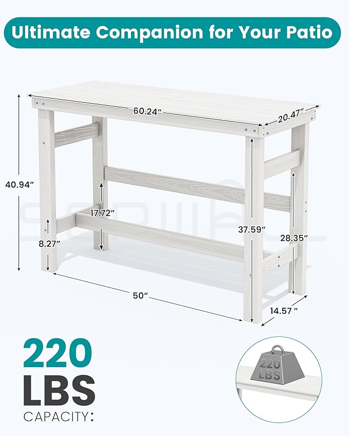 SERWALL 41" Outdoor Bar Table, HDPE Patio Bar Counter Height Table, All Weather Adirondack Outdoor Bar Height Table, Rectangle Patio Bar Table for Outside, Garden, Backyard, Balcony, Poolside, White