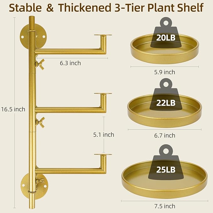Rotating Window Plant Shelves with Adjustable Knobs, 3 Tiers Metal Wall Shelf for Plants Indoor, Sturdy Hanging Plant Holder, Window Wall Decor & Gardening Gifts (Golden)