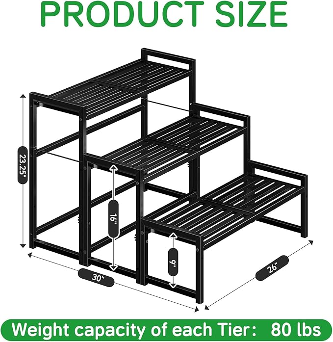 3-Tier Metal Plant Stand, Heavy Duty Waterproof Indoor Outdoor Stackable Shelf, Tall Flower Pot Holder & Display Rack for Garden, Black