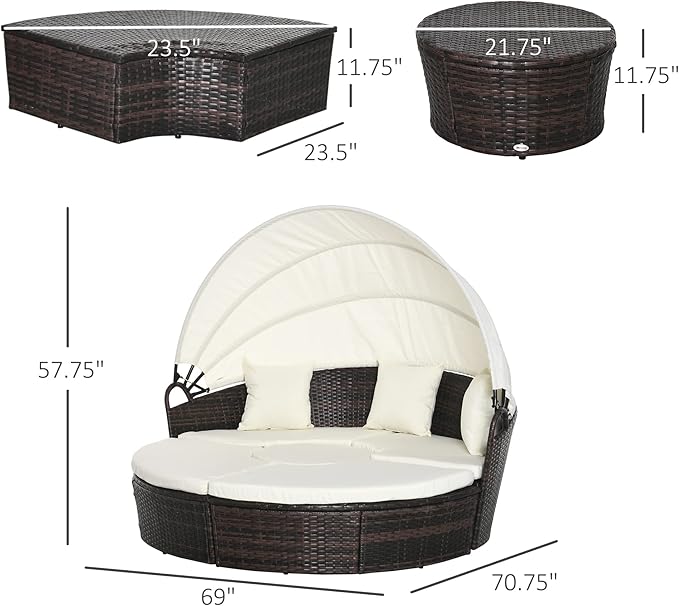 Outsunny 4-Piece Round Convertible Daybed with Cushions, Outdoor PE Rattan Patio Wicker Sofa Set, Sunbed with Adjustable Sun Canopy, Sectional Sofa, 2 Chairs, Table, 3 Pillows, Cream White