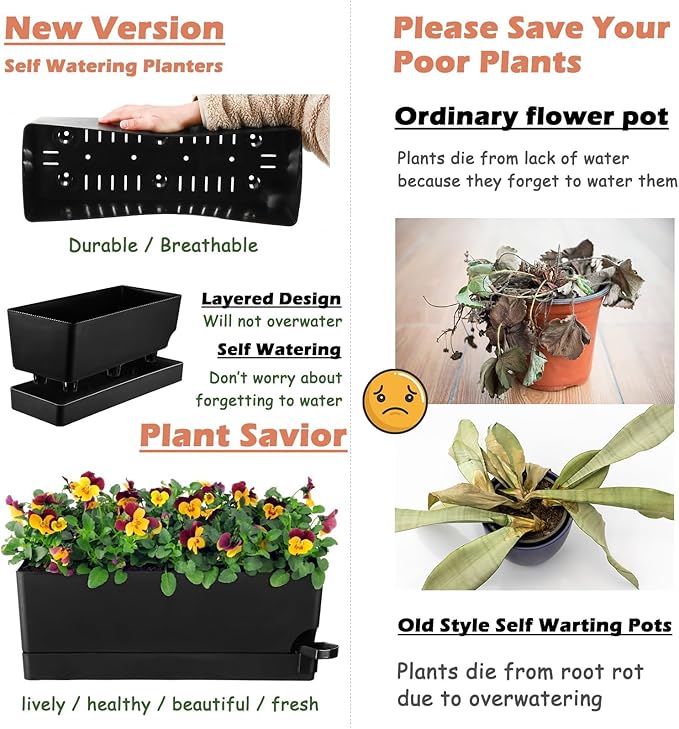 Self Watering Pots for Indoor Plants 17 Inches Window Boxes Planters Rectangular Flower Pots Rectangle Herb Pots Large Plant Pots with Drainage Holes and Saucers Windowsill Planter (2, Black)