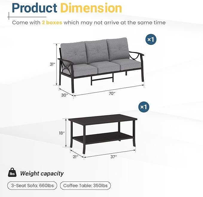 RoyalCraft 3 Seats Outdoor Patio Furniture Set, Outdoor Metal Sectional Furniture with Cushions, Outdoor Conversation Set with Coffee Table for Balcony, Backyard, Garden, Deck, Grey