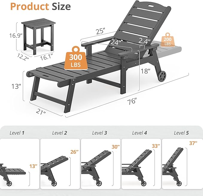 LUE BONA Chaise Lounge Chair with Table, 2-Piece, HDPS Chaise Lounger, 5 Positions Adjustable Lounge Chairs, Pool Lounge Chair with Wheels for Poolside, Backyard, Dark Gray