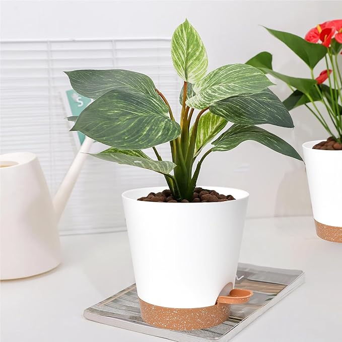 Planters for Indoor Plants 7/6.5/6/5.5/5 Inch, Self Watering Planters with Drainage Holes and Saucers 5 Pack Plastic Pots for Plants, Succulents, Herbs, Cactus, Flower Pots, White