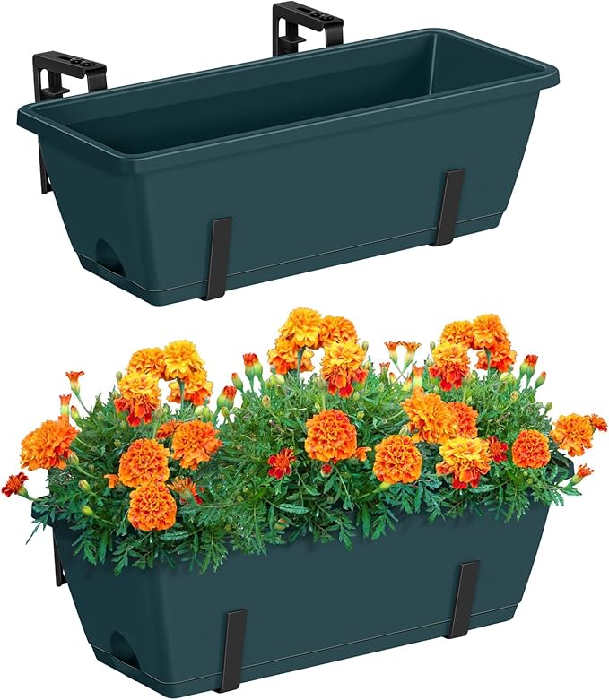 CADUKE 2 Pack Railing Planter Boxes Railing Flower Box with Adjustable Bracket 17 Inch Window Boxes Rectangle Window Deck Hanging Planters Boxes for Outdoor Patio, Green