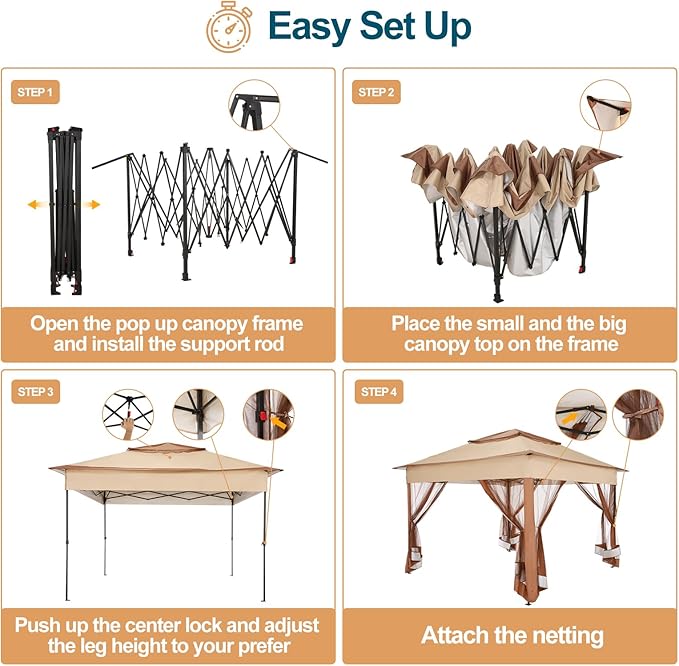 COBIZI 11x11 Pop Up Gazebo Canopy Tent Easy Up Outdoor Gazebo Waterproof Upgrade Portable Gazebo with Mosquito Nettings, Double Vented Roof and Carry Bag for Patio Garden Lawn(Khaki)