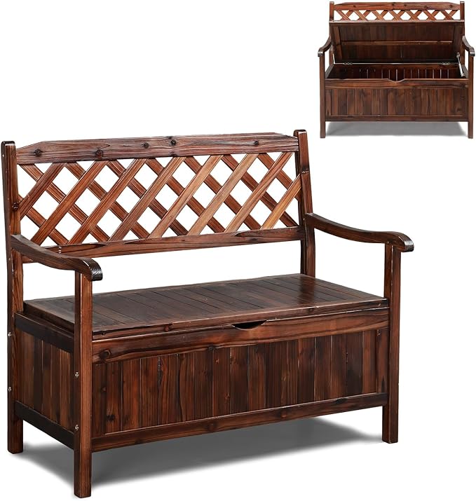 VINGLI Outdoor Storage Bench, Large Wood Deck Box with Seating, Weatherproof Outdoor Bench with Storage Loveseat, 2-Person Wooden Patio Bench for Entryway, Backyard, Garden