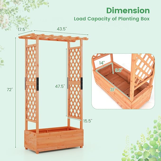 Giantex 2 Pcs Raised Garden Bed with Trellis & Hanging Roof, Wood Planter Box with Bottom & Drainage Holes, Freestanding Garden Planter for Flower Vegetable Fruit Herb Climbing Vines, 43.5"x17.5"x72"