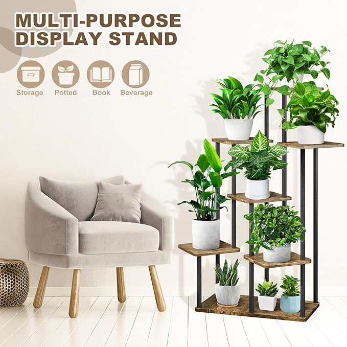 7 Tier Plant Stand Indoor, Thickened Metal Wood Corner Plant Shelf Stands for Multiple Plants, Indoor Tall Plants Stand Tiered Flower Holder for Living Room Patio Garden Balcony(Black+Brown)