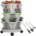GameXcel Vertical Planter 3 Tier Stackable Planters Garden Planters Strawberry Herb Flower and Vegetable Planter Indoor Outdoor Gardening Pots with Removable Wheels and Tools