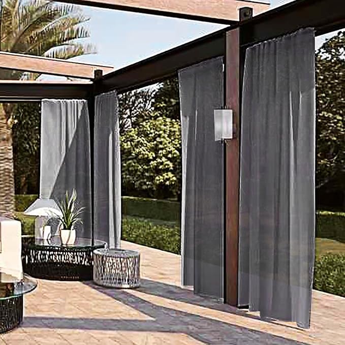 SpaceDresser Waterproof Outdoor Sheer Curtains for Patio - 4 Panels Rod Pocket Indoor Voile Sheer Curtain for Living Room,52W x 84L inch, Grey