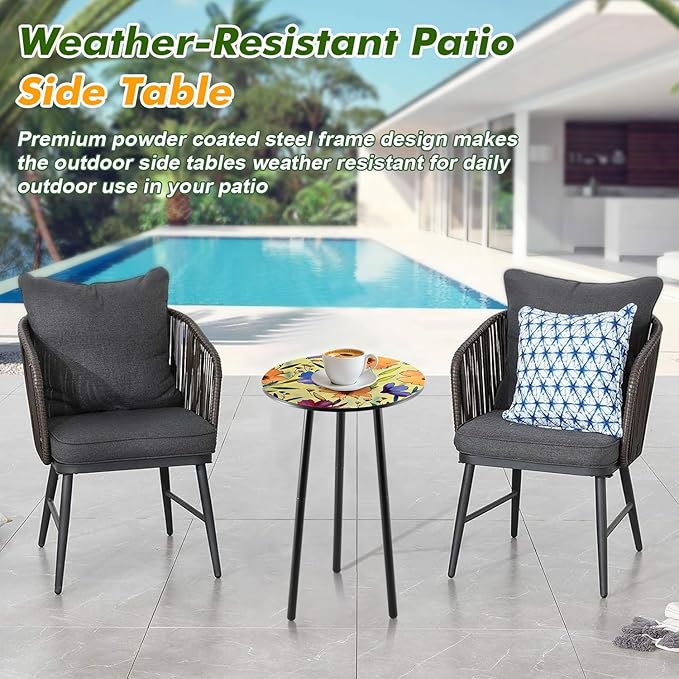 Party Zealot 2 Packs Metal Floral Round Side Table 13.2" Small Outdoor Patio Round Accent Coffee Tables Indoor Corner Stand for Small Spaces Weather-Resistant for Balcony Plant Stand