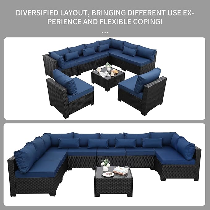 9 Pieces Outdoor Sectional All-Weather Wicker Patio Furniture Set Patio Sectional and Glass Patio Table Non-Slip Cushions and Waterproof Covers, Navy Blue