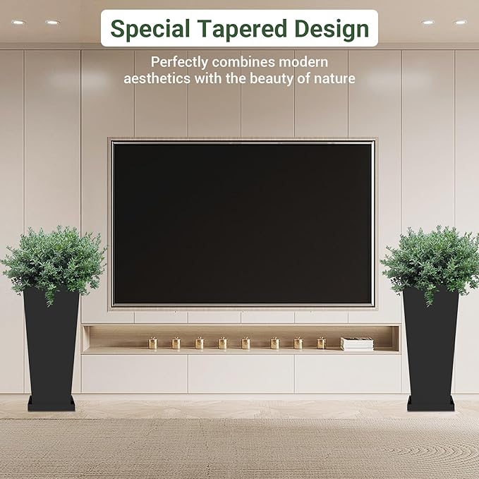 Tall Planters 28" H - 2 Pack, Tapered Pots with Drainage Insert Shelve & Trays, Metal Outdoor Planter Box for Porch, Garden, Patio, Yard (Black)