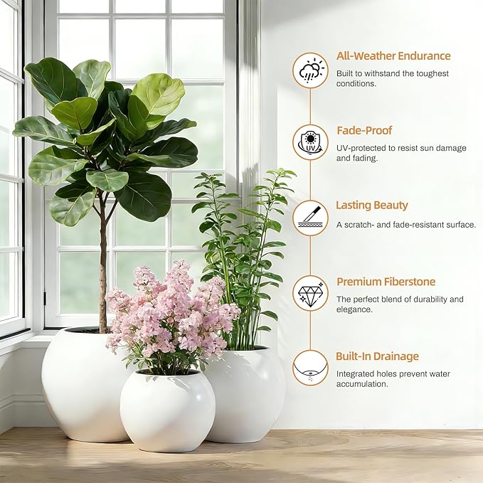13.5 H x 17" Dia (12" Pot Opening) Round Fiberstone Planter with Drainage Hole, Durable Garden Flower Pots, White, Resistant for Indoor and Outdoor, Planters for Large Plants pot for Home Decor Patio