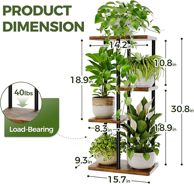 Bamworld Plant Stand Indoor, Corner 4 Tier Metal Plant Shelf for Multiple Plants, Tiered Flower Pot Stands for Patio Garden Balcony Living Room Bedroom, Brown