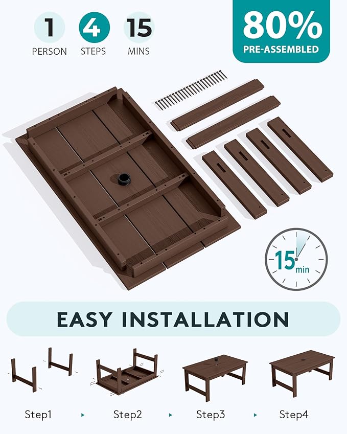 SERWALL HDPE Patio Coffee Table, Rectangle Outdoor Coffee Table, All-Weather Coffee Side Table for Balcony, Poolside, Deck, Garden, Coffee Brown